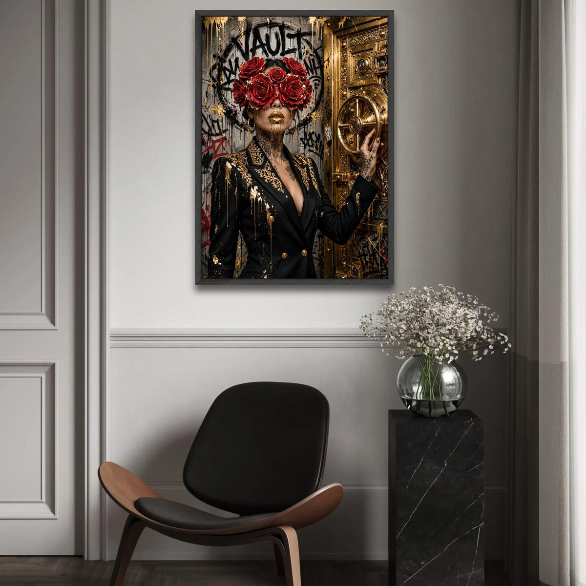 Luxury Gold Vault Canvas Wall Art, Woman with Red Roses Mask, Modern Graffiti Wall Decor, Glamorous Abstract Ready To Hang Decoration