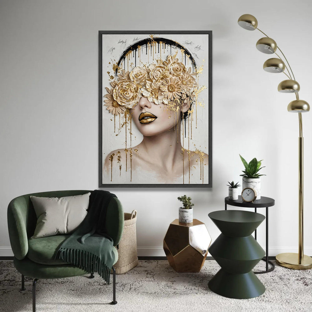 Elegant Floral Mask Portrait Canvas, Gold Accent Wall Art, Modern Woman Face Painting, Luxury Home Decor, Ready To Hang Decoration