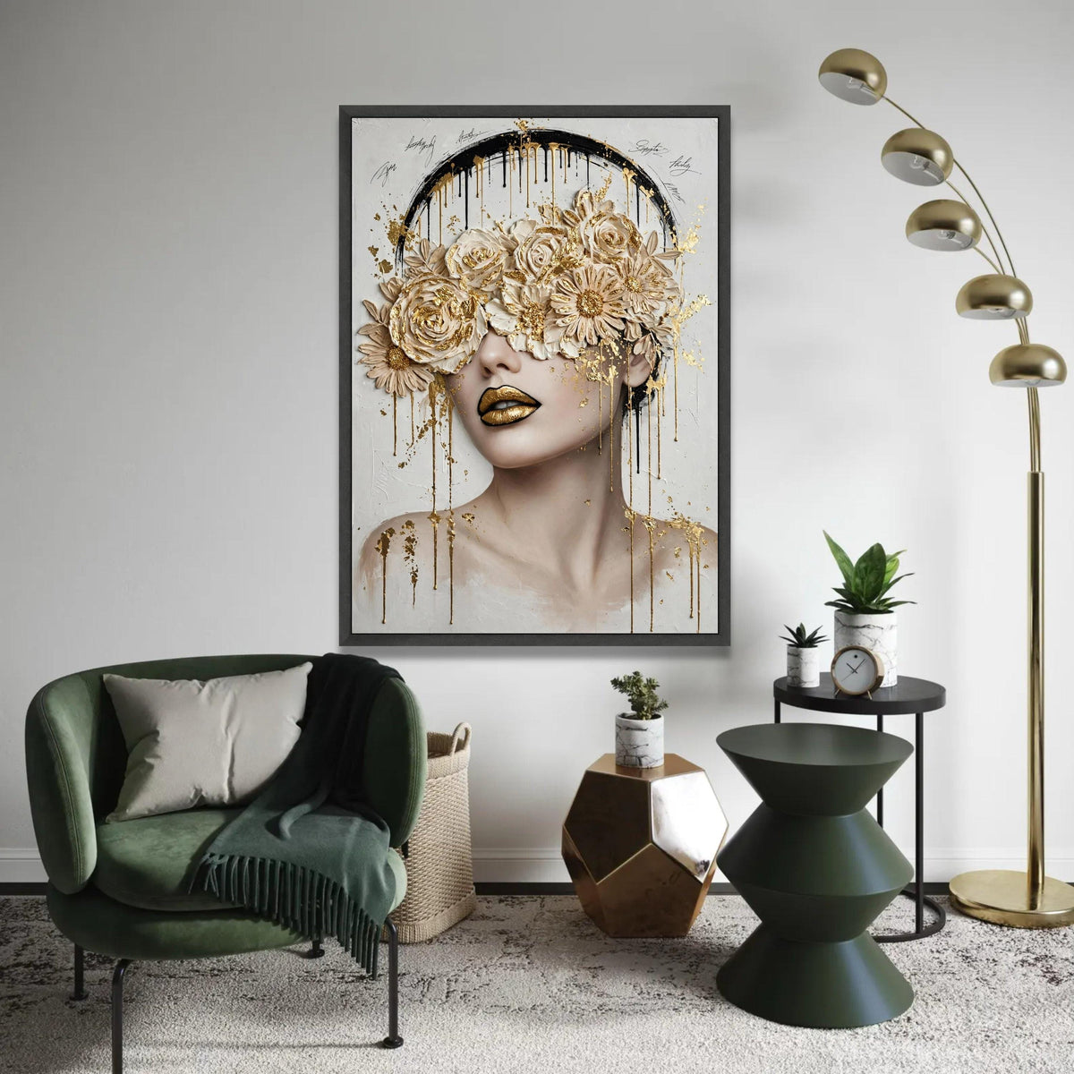 Elegant Floral Mask Portrait Canvas, Gold Accent Wall Art, Modern Woman Face Painting, Luxury Home Decor, Ready To Hang Decoration