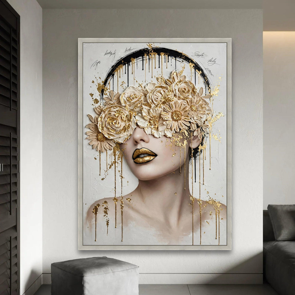 Elegant Floral Mask Portrait Canvas, Gold Accent Wall Art, Modern Woman Face Painting, Luxury Home Decor, Ready To Hang Decoration