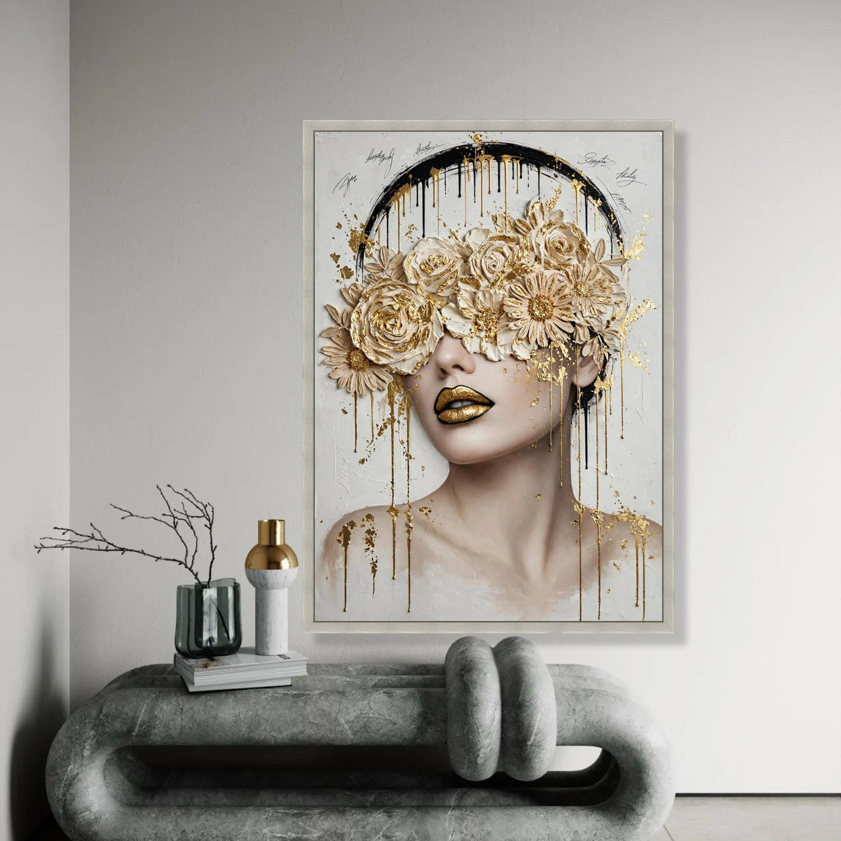 Elegant Floral Mask Portrait Canvas, Gold Accent Wall Art, Modern Woman Face Painting, Luxury Home Decor, Ready To Hang Decoration