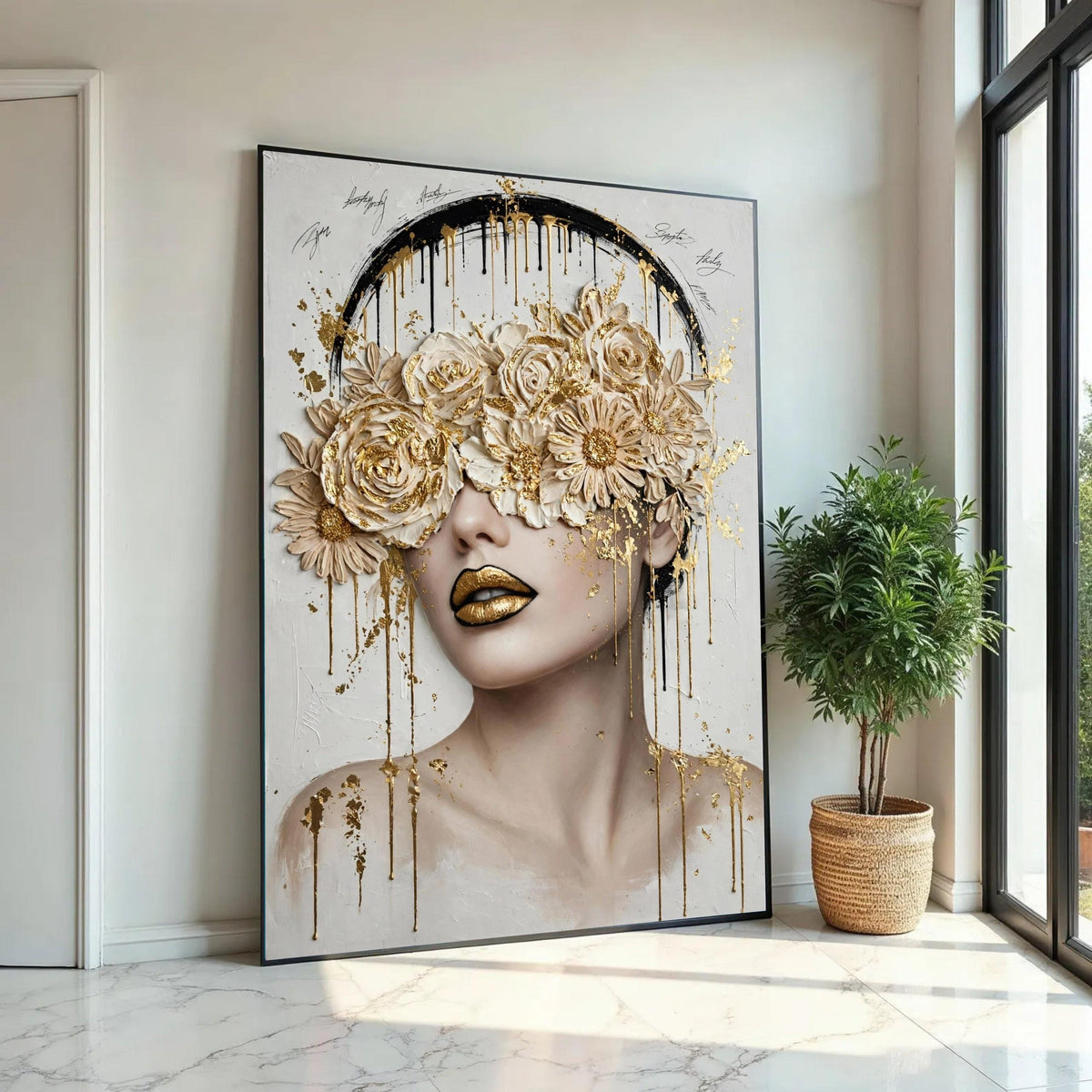 Elegant Floral Mask Portrait Canvas, Gold Accent Wall Art, Modern Woman Face Painting, Luxury Home Decor, Ready To Hang Decoration