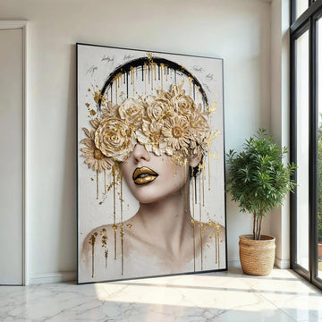 Elegant Floral Mask Portrait Canvas, Gold Accent Wall Art, Modern Woman Face Painting, Luxury Home Decor, Ready To Hang Decoration