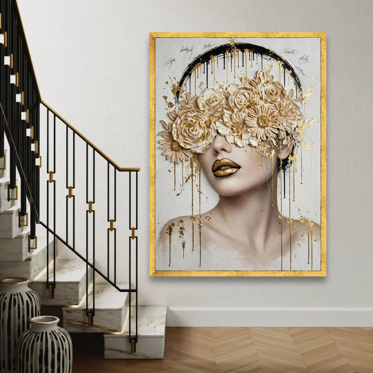 Elegant Floral Mask Portrait Canvas, Gold Accent Wall Art, Modern Woman Face Painting, Luxury Home Decor, Ready To Hang Decoration