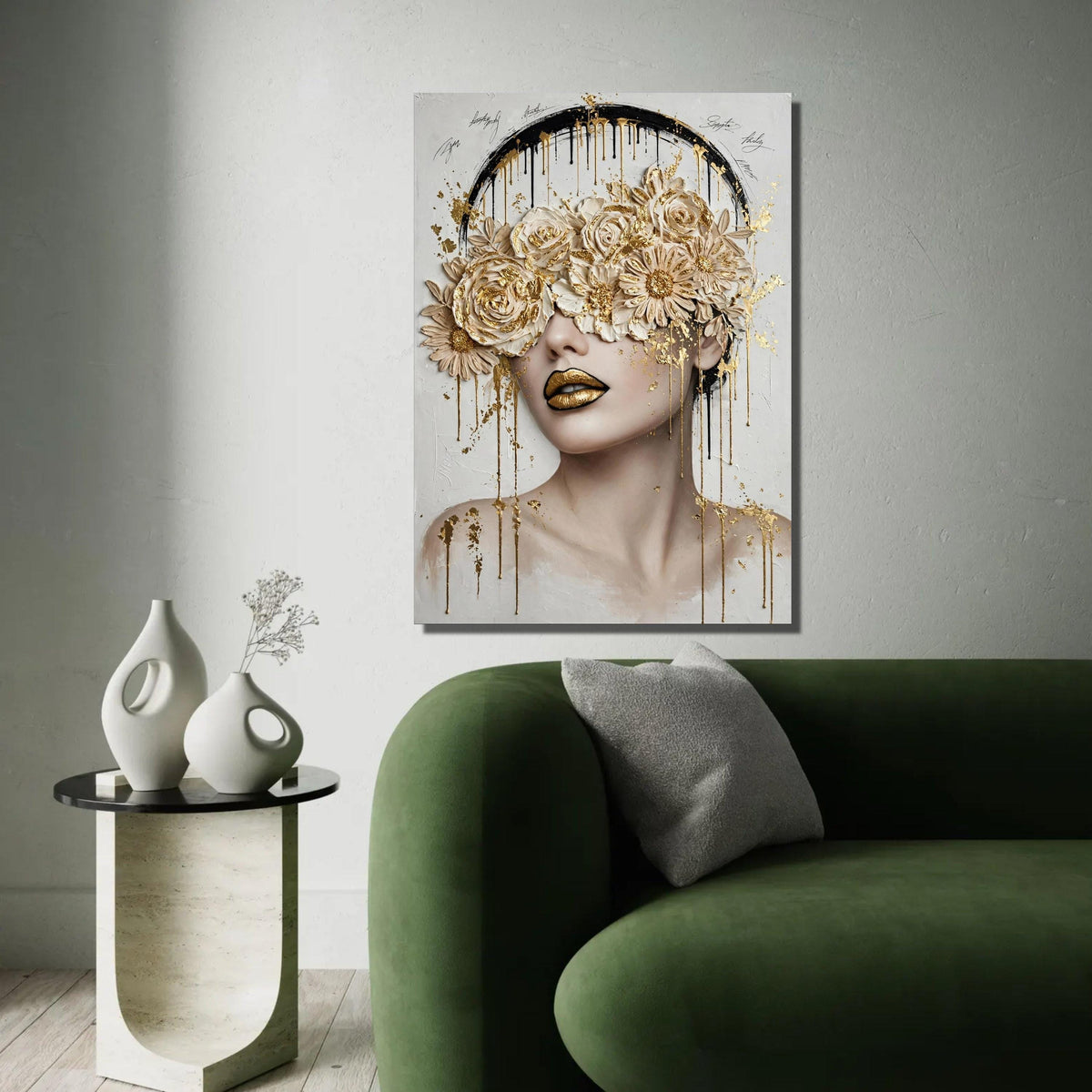 Elegant Floral Mask Portrait Canvas, Gold Accent Wall Art, Modern Woman Face Painting, Luxury Home Decor, Ready To Hang Decoration