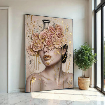Elegant Female Portrait Canvas, Floral Eyes Art, Gold Accent Wall Decor, Modern Feminine Canvas, Luxury Home Ready To Hang Decoration