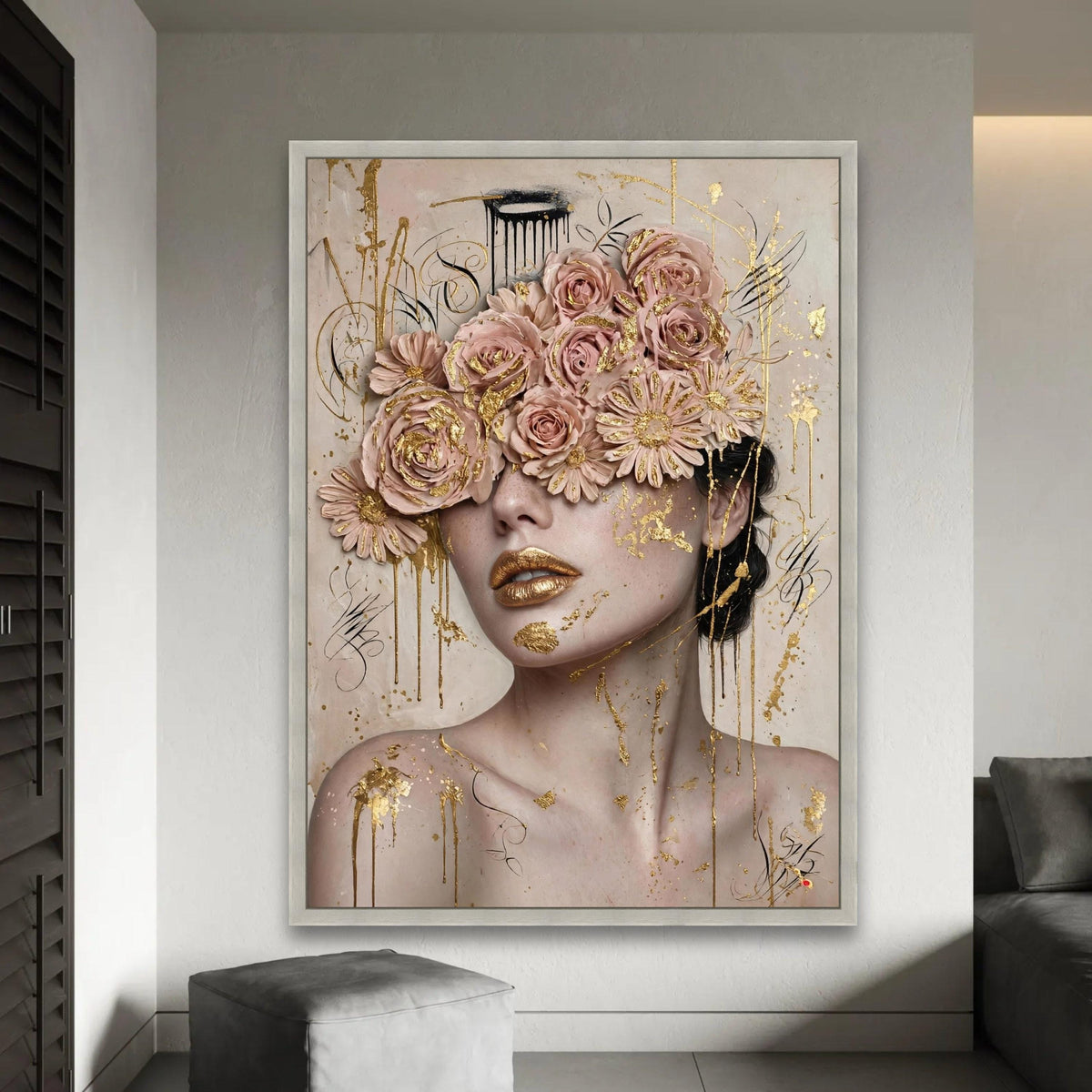 Elegant Female Portrait Canvas, Floral Eyes Art, Gold Accent Wall Decor, Modern Feminine Canvas, Luxury Home Ready To Hang Decoration