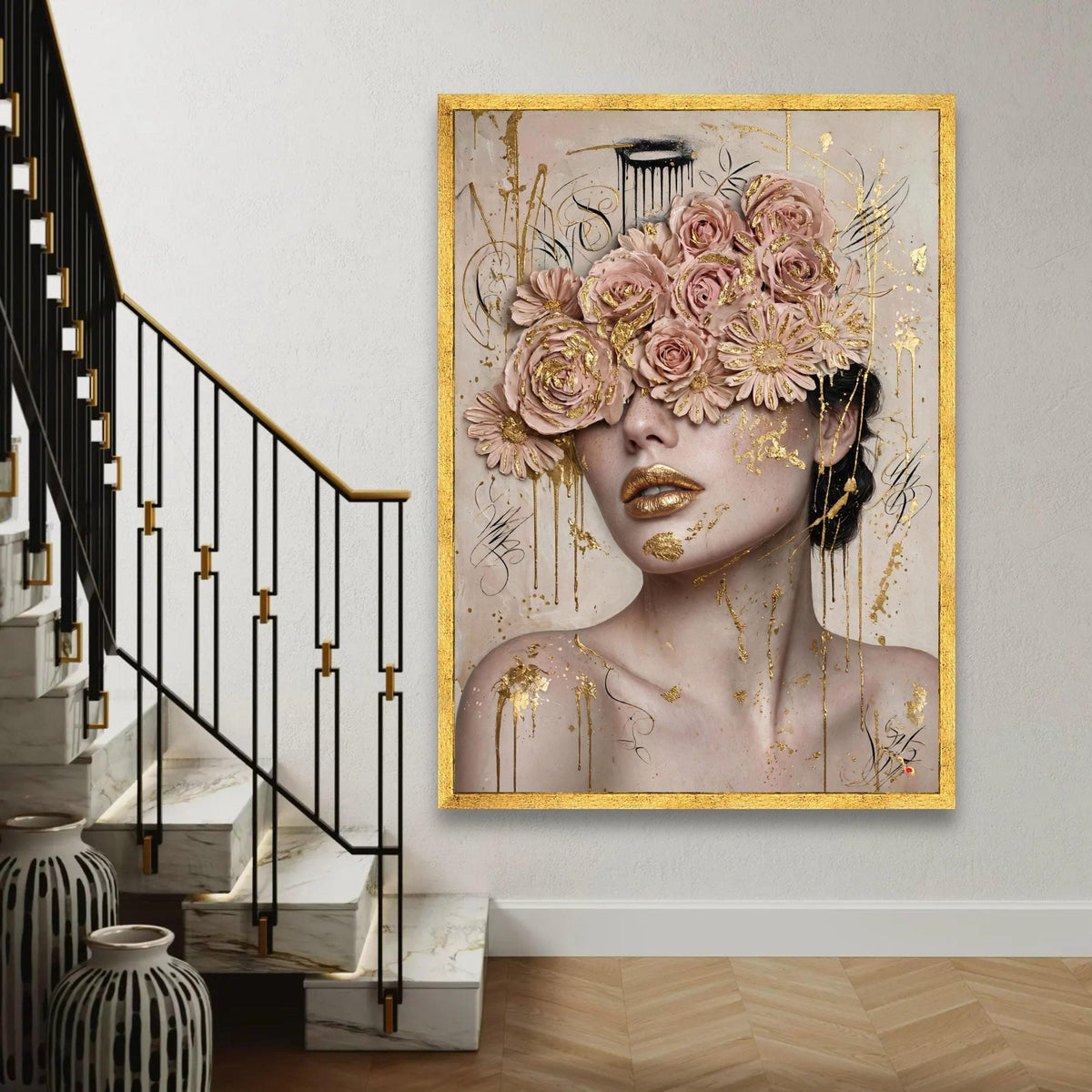 Elegant Female Portrait Canvas, Floral Eyes Art, Gold Accent Wall Decor, Modern Feminine Canvas, Luxury Home Ready To Hang Decoration