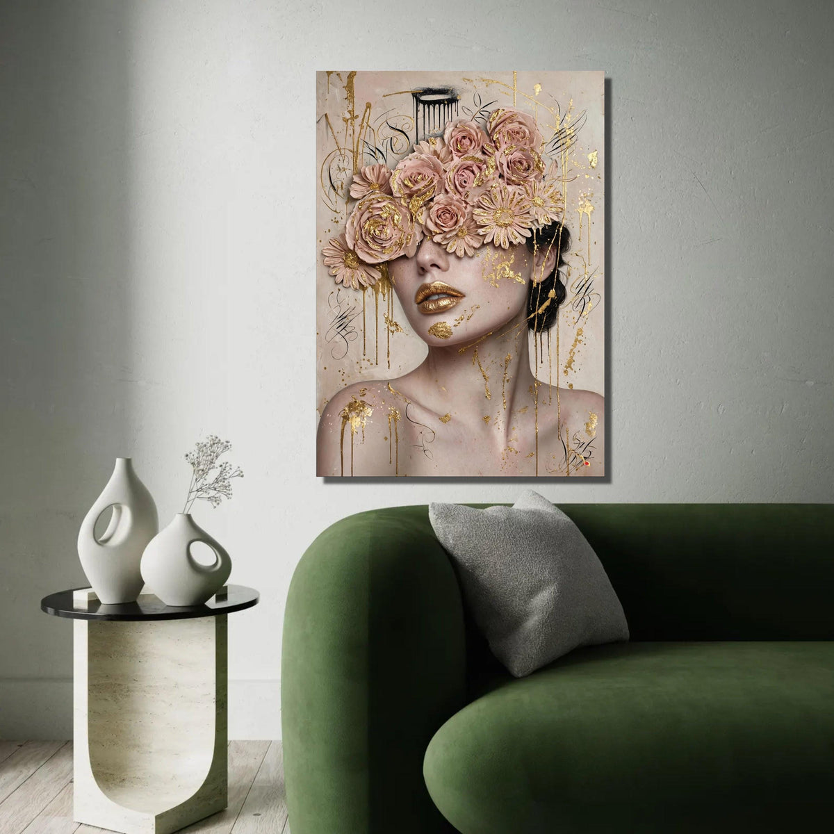 Elegant Female Portrait Canvas, Floral Eyes Art, Gold Accent Wall Decor, Modern Feminine Canvas, Luxury Home Ready To Hang Decoration