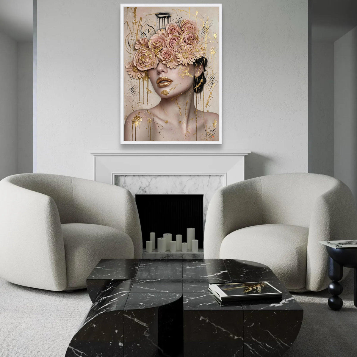 Elegant Female Portrait Canvas, Floral Eyes Art, Gold Accent Wall Decor, Modern Feminine Canvas, Luxury Home Ready To Hang Decoration