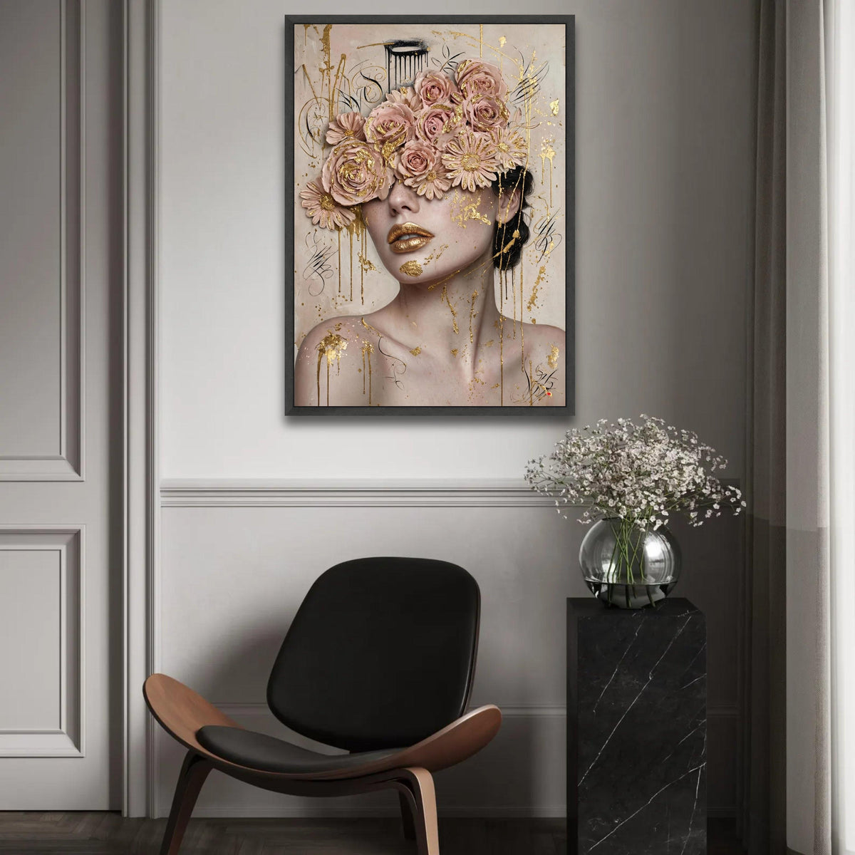 Elegant Female Portrait Canvas, Floral Eyes Art, Gold Accent Wall Decor, Modern Feminine Canvas, Luxury Home Ready To Hang Decoration