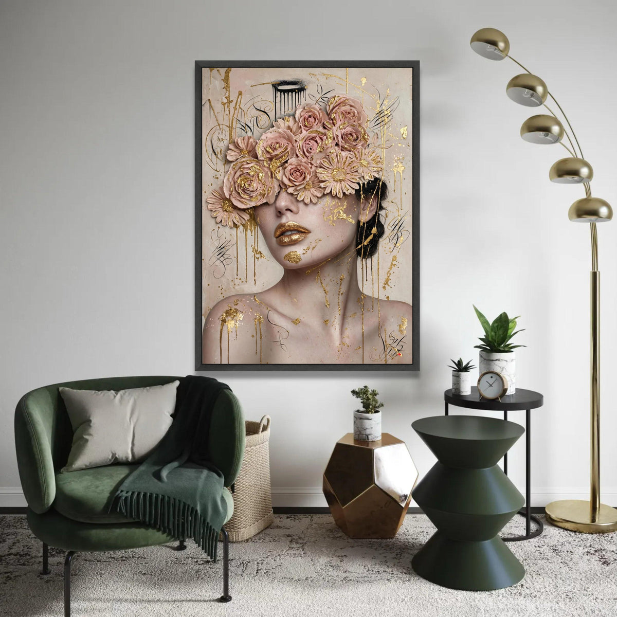 Elegant Female Portrait Canvas, Floral Eyes Art, Gold Accent Wall Decor, Modern Feminine Canvas, Luxury Home Ready To Hang Decoration