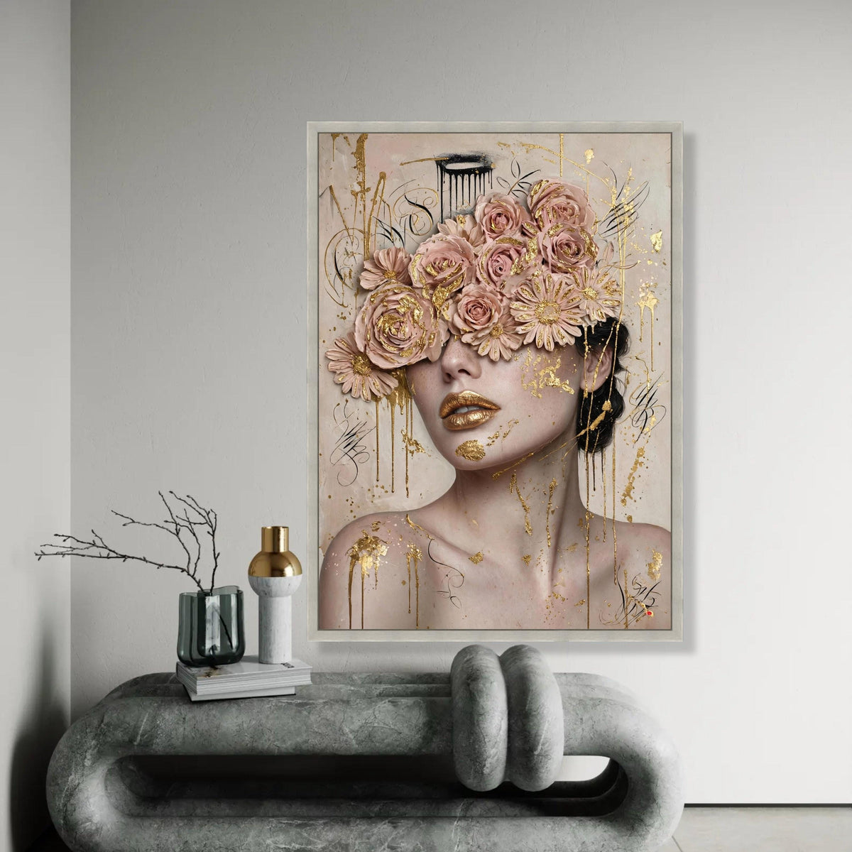 Elegant Female Portrait Canvas, Floral Eyes Art, Gold Accent Wall Decor, Modern Feminine Canvas, Luxury Home Ready To Hang Decoration