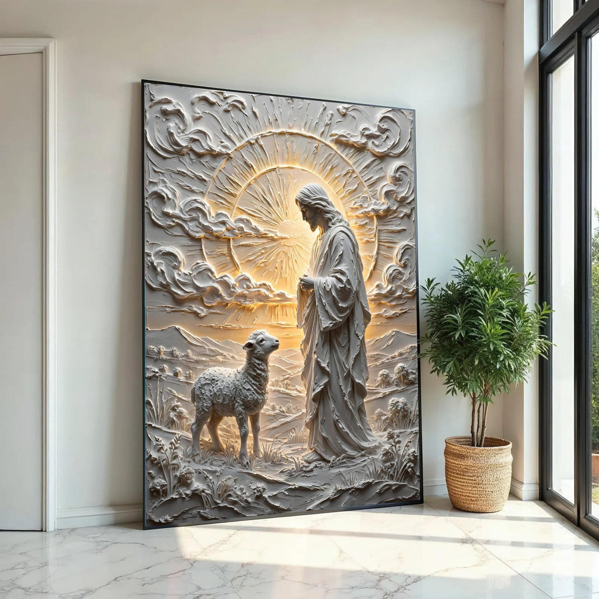 Divine Good Shepherd Canvas Wall Art, Religious Jesus and Lamb, Spiritual Christian Decor, Peaceful Nature Scene Ready To Hang Decoration