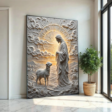 Divine Good Shepherd Canvas Wall Art, Religious Jesus and Lamb, Spiritual Christian Decor, Peaceful Nature Scene Ready To Hang Decoration