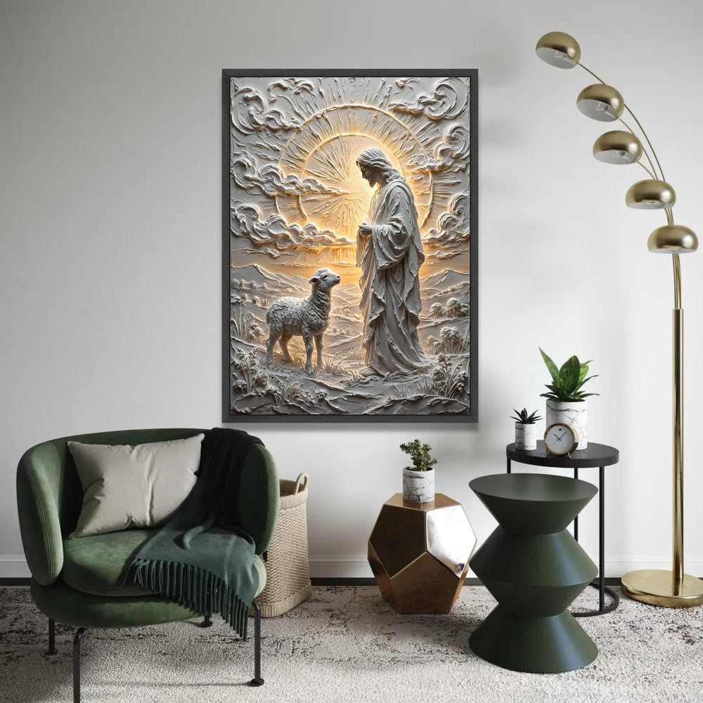 Divine Good Shepherd Canvas Wall Art, Religious Jesus and Lamb, Spiritual Christian Decor, Peaceful Nature Scene Ready To Hang Decoration