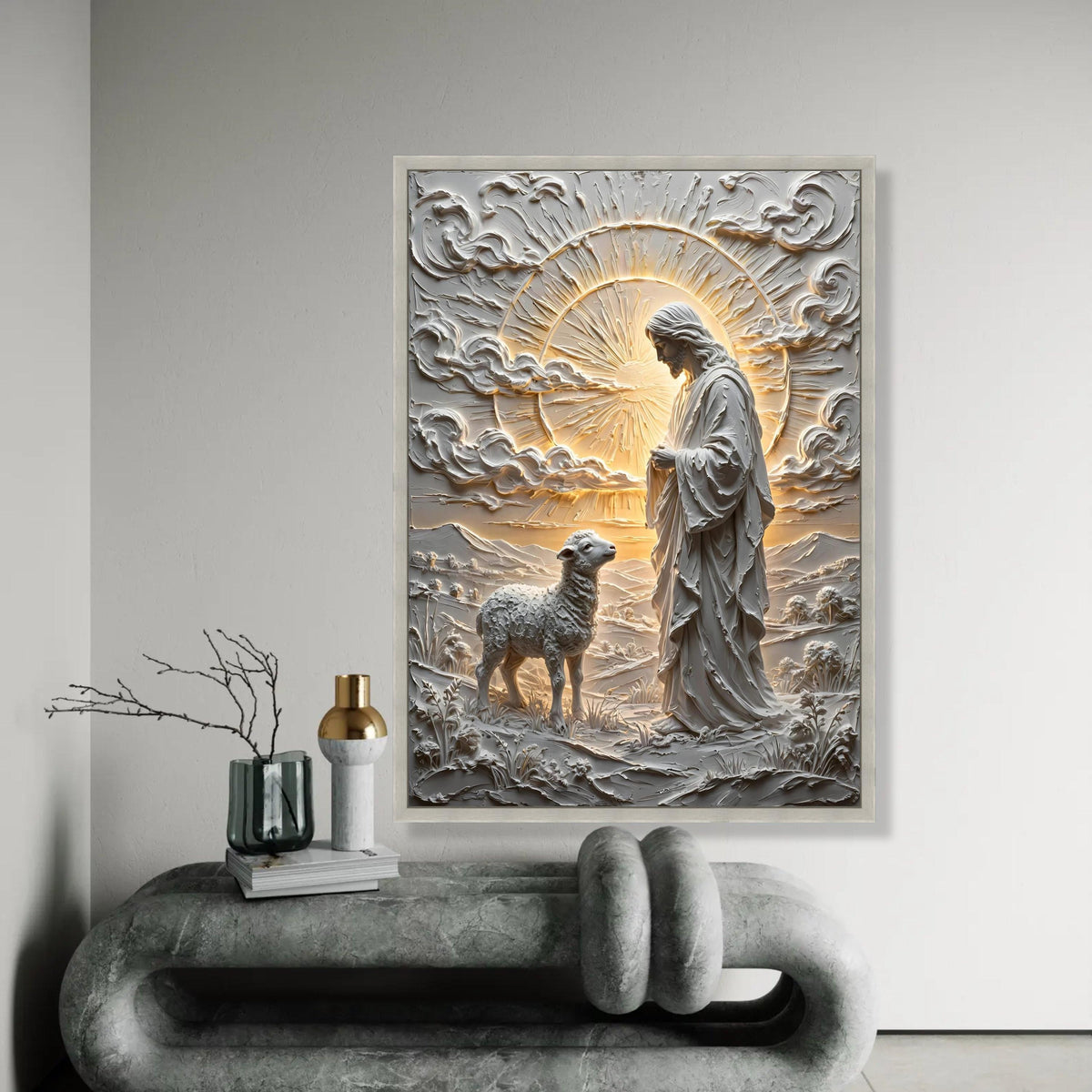 Divine Good Shepherd Canvas Wall Art, Religious Jesus and Lamb, Spiritual Christian Decor, Peaceful Nature Scene Ready To Hang Decoration