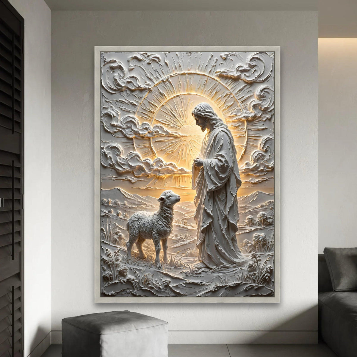 Divine Good Shepherd Canvas Wall Art, Religious Jesus and Lamb, Spiritual Christian Decor, Peaceful Nature Scene Ready To Hang Decoration