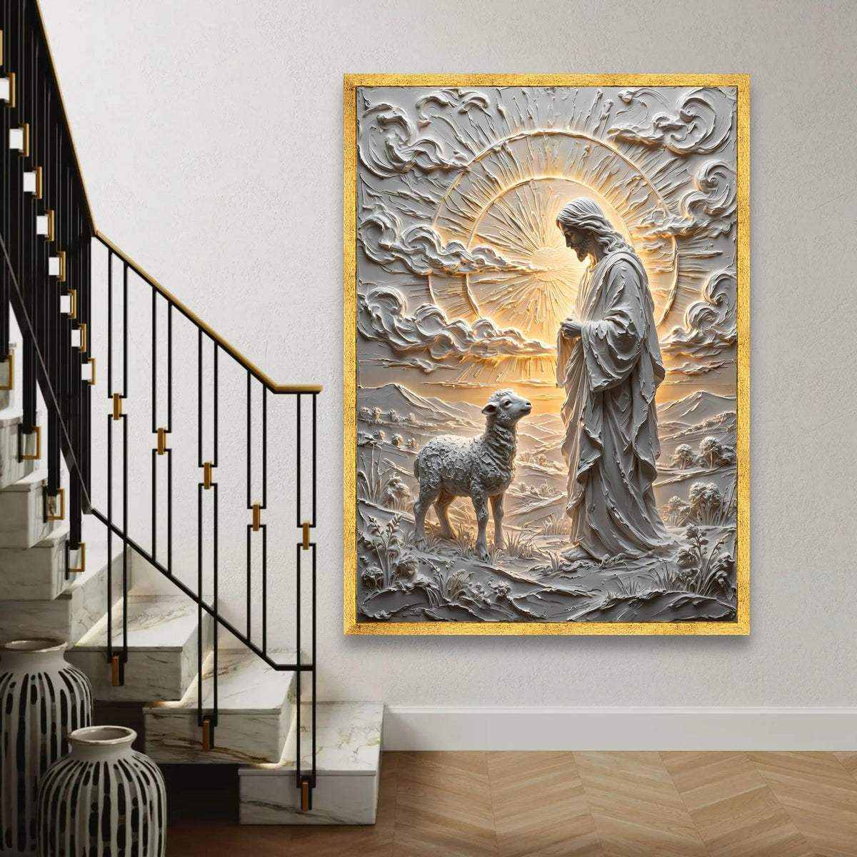 Divine Good Shepherd Canvas Wall Art, Religious Jesus and Lamb, Spiritual Christian Decor, Peaceful Nature Scene Ready To Hang Decoration