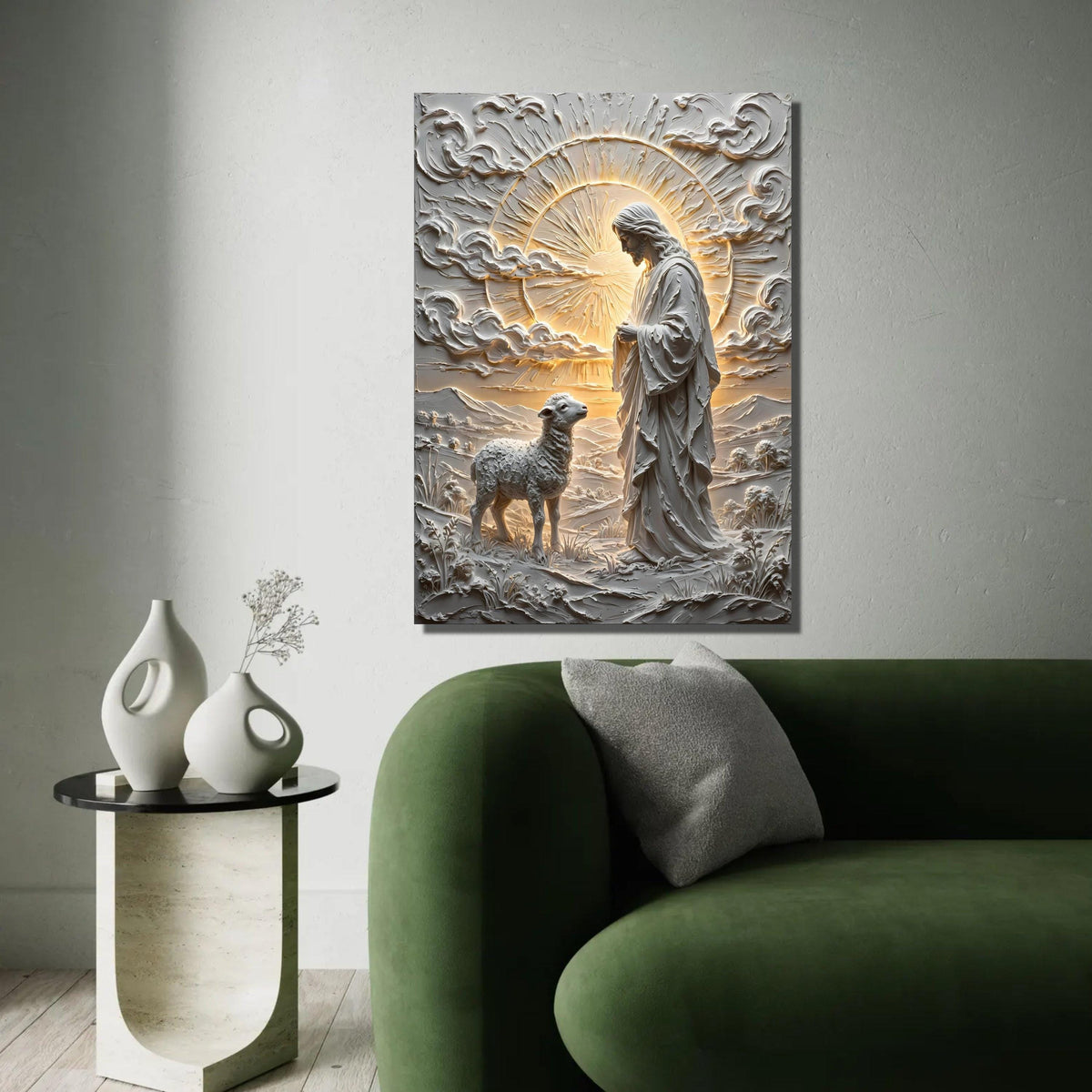 Divine Good Shepherd Canvas Wall Art, Religious Jesus and Lamb, Spiritual Christian Decor, Peaceful Nature Scene Ready To Hang Decoration