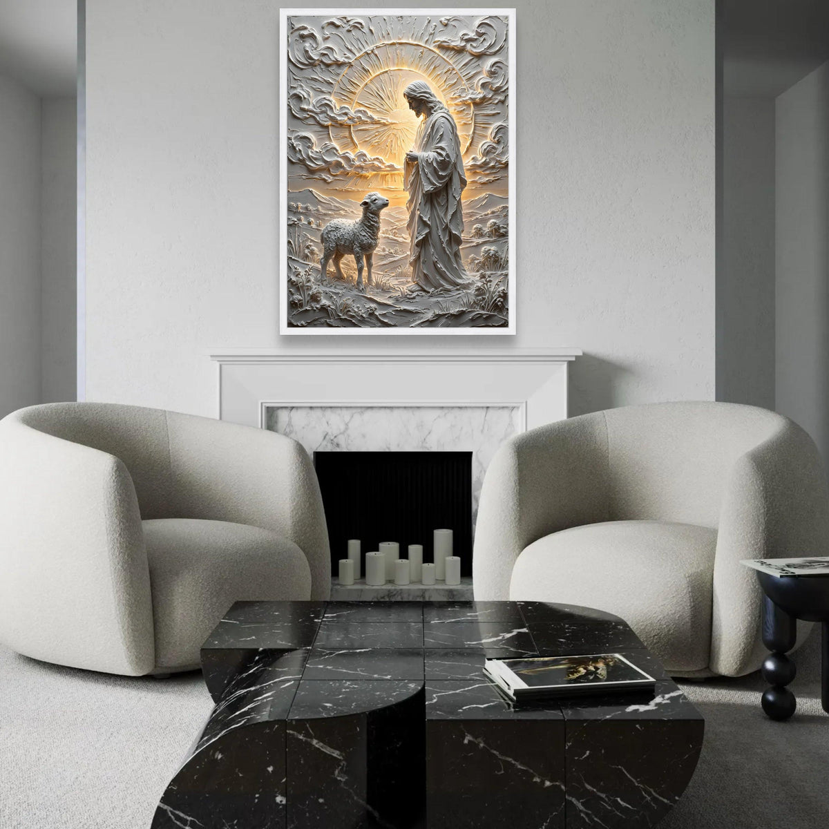 Divine Good Shepherd Canvas Wall Art, Religious Jesus and Lamb, Spiritual Christian Decor, Peaceful Nature Scene Ready To Hang Decoration