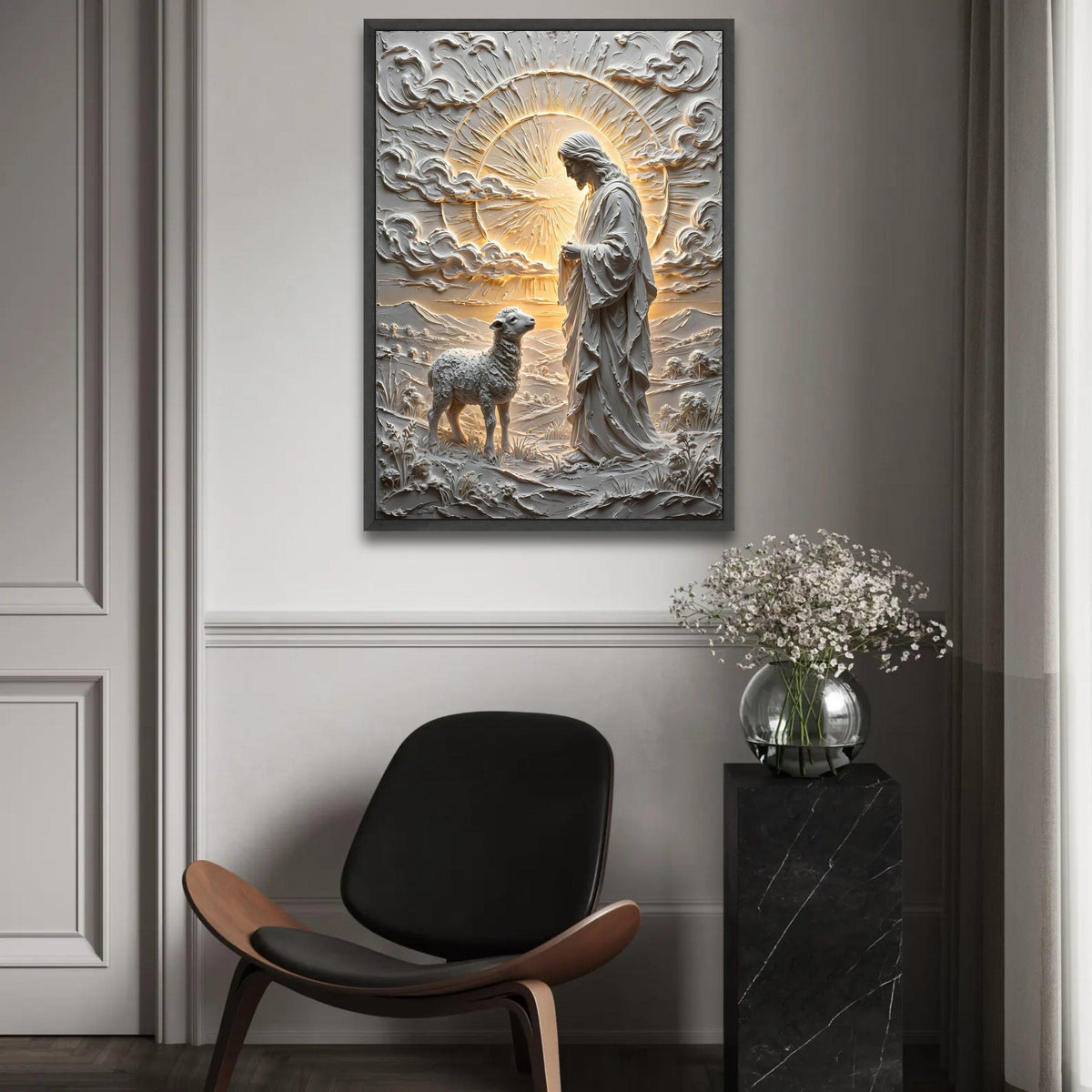 Divine Good Shepherd Canvas Wall Art, Religious Jesus and Lamb, Spiritual Christian Decor, Peaceful Nature Scene Ready To Hang Decoration