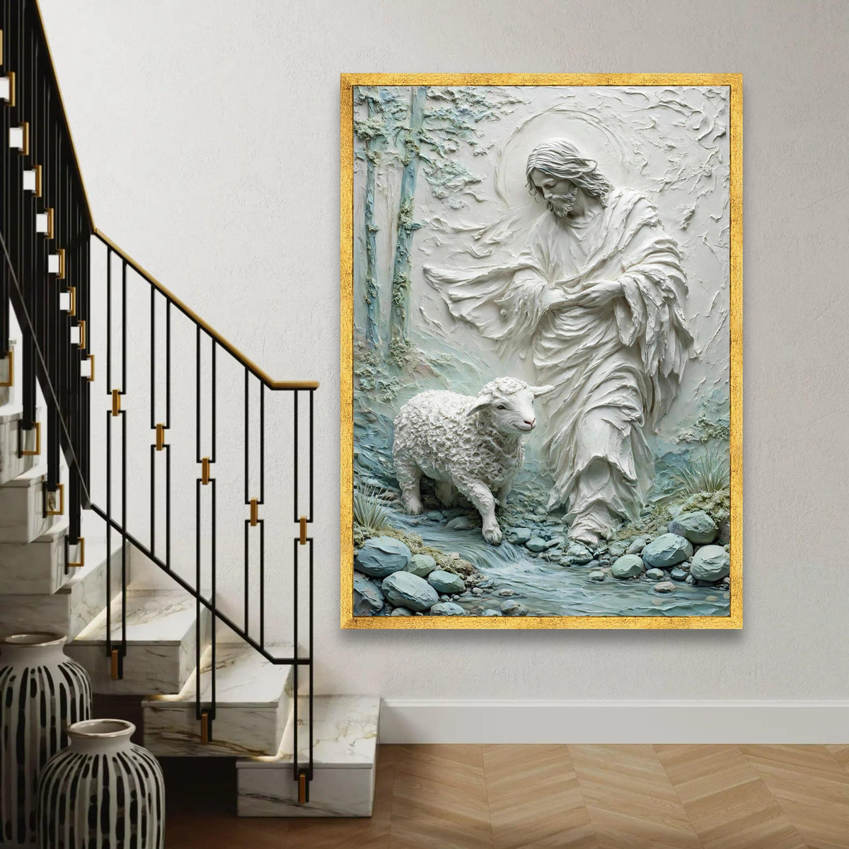 Shepherd and Lamb Canvas Wall Art, Spiritual Jesus Scene, Religious Home Decor, Christian Inspirational Canvas, Ready To Hang Decoration