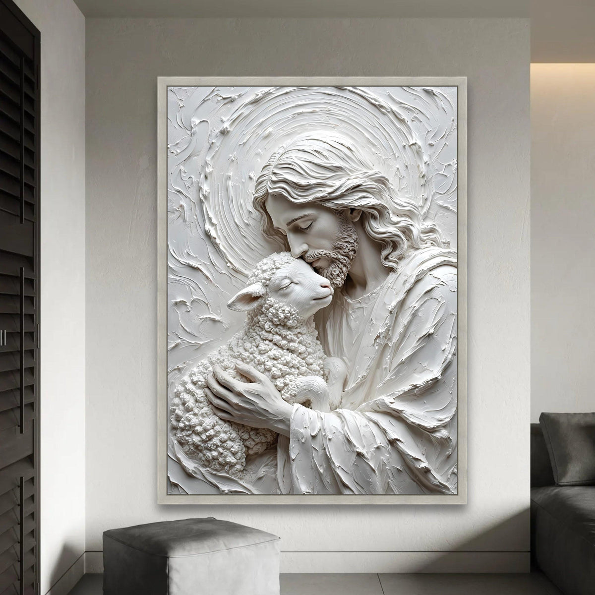 Gentle Shepherd Embrace Canvas Wall Art, Religious Jesus and Lamb Illustration, Spiritual Christian Decor, Peaceful Ready To Hang Decoration