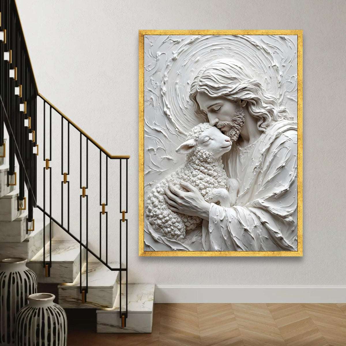 Gentle Shepherd Embrace Canvas Wall Art, Religious Jesus and Lamb Illustration, Spiritual Christian Decor, Peaceful Ready To Hang Decoration
