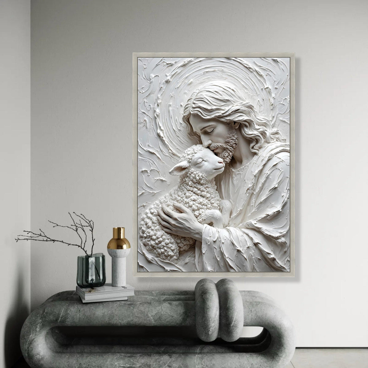 Gentle Shepherd Embrace Canvas Wall Art, Religious Jesus and Lamb Illustration, Spiritual Christian Decor, Peaceful Ready To Hang Decoration