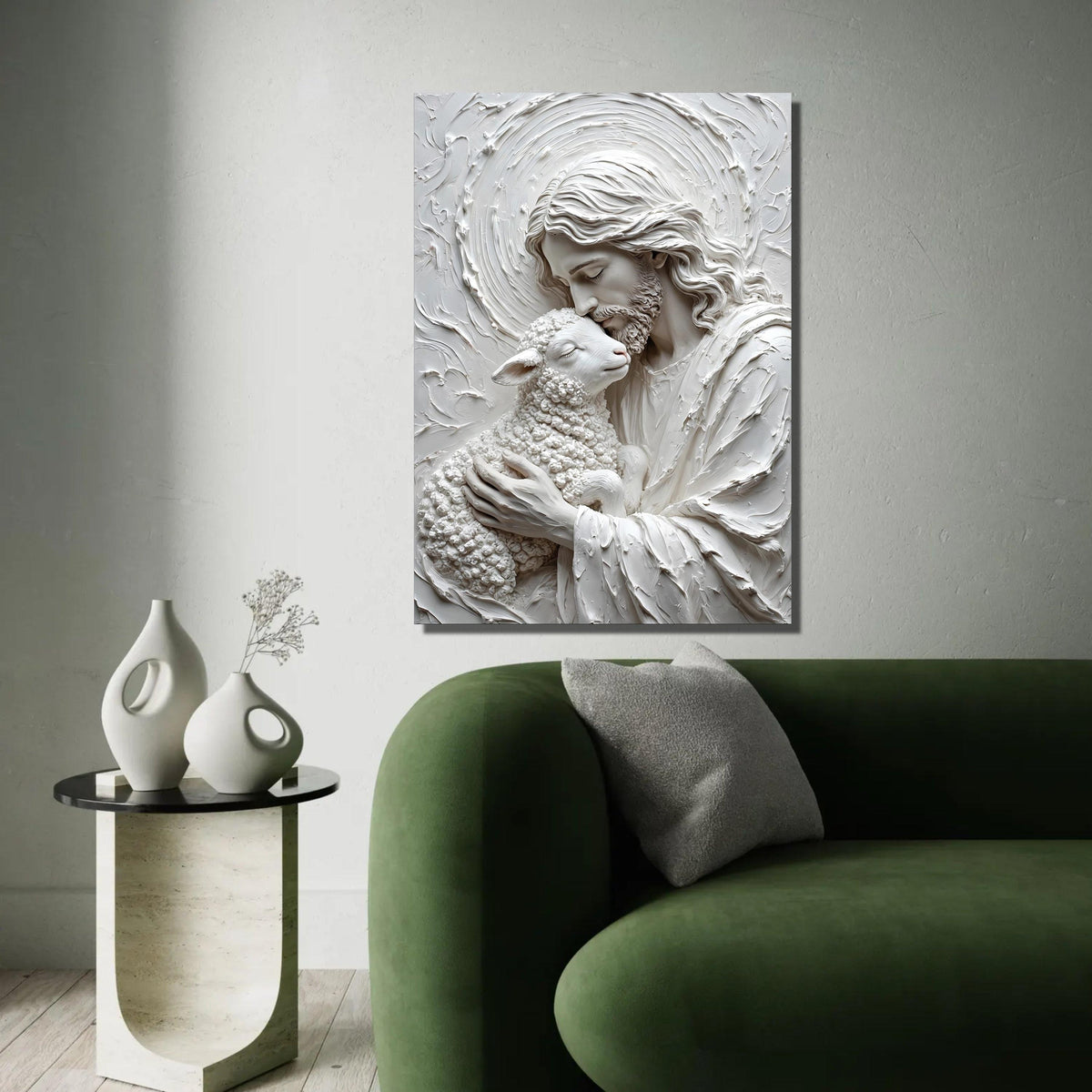 Gentle Shepherd Embrace Canvas Wall Art, Religious Jesus and Lamb Illustration, Spiritual Christian Decor, Peaceful Ready To Hang Decoration
