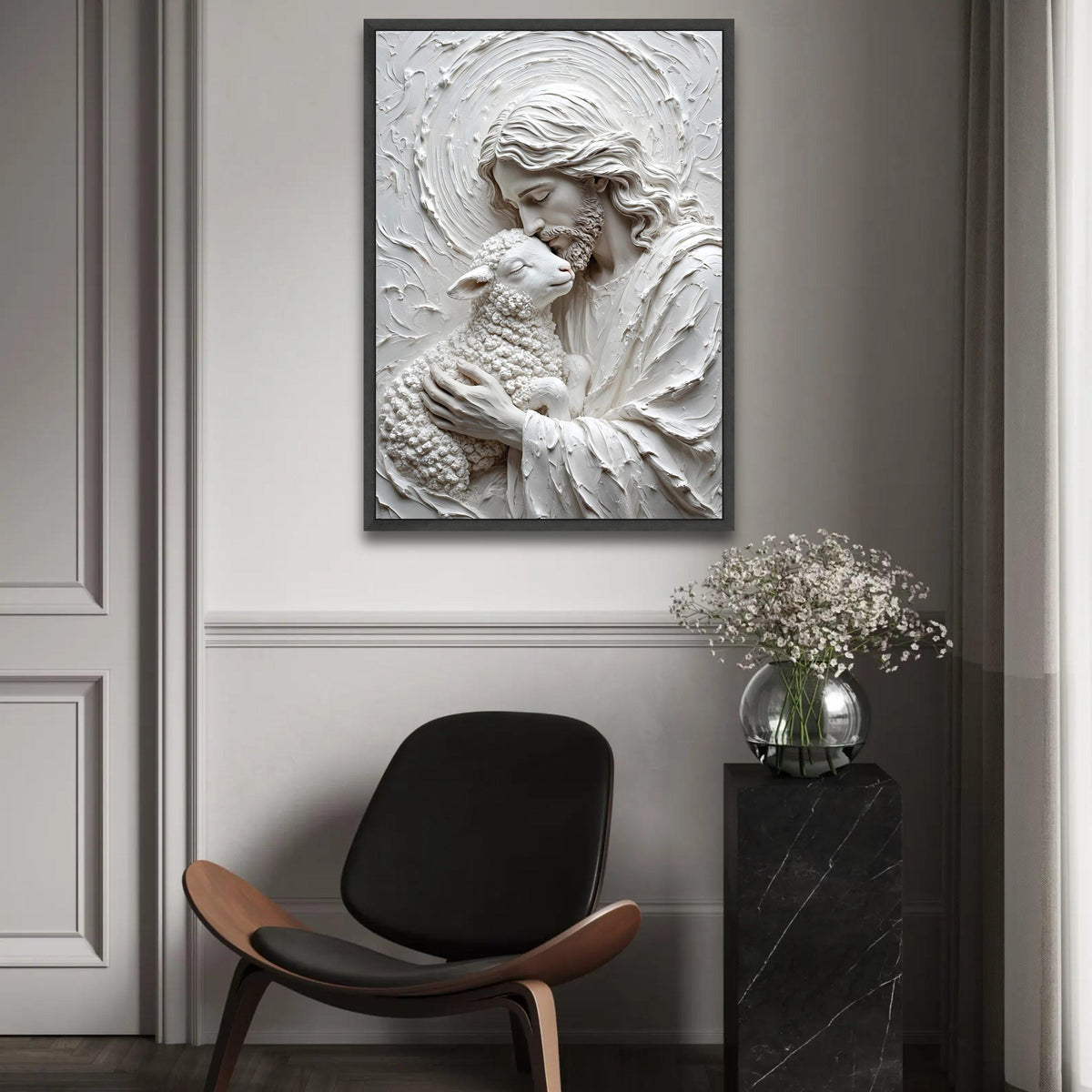 Gentle Shepherd Embrace Canvas Wall Art, Religious Jesus and Lamb Illustration, Spiritual Christian Decor, Peaceful Ready To Hang Decoration