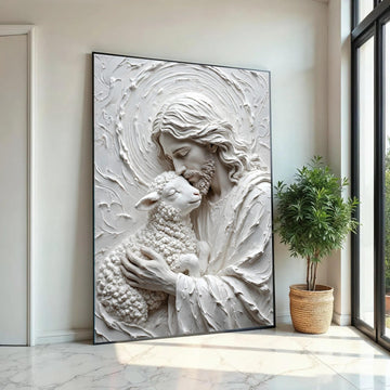 Gentle Shepherd Embrace Canvas Wall Art, Religious Jesus and Lamb Illustration, Spiritual Christian Decor, Peaceful Ready To Hang Decoration