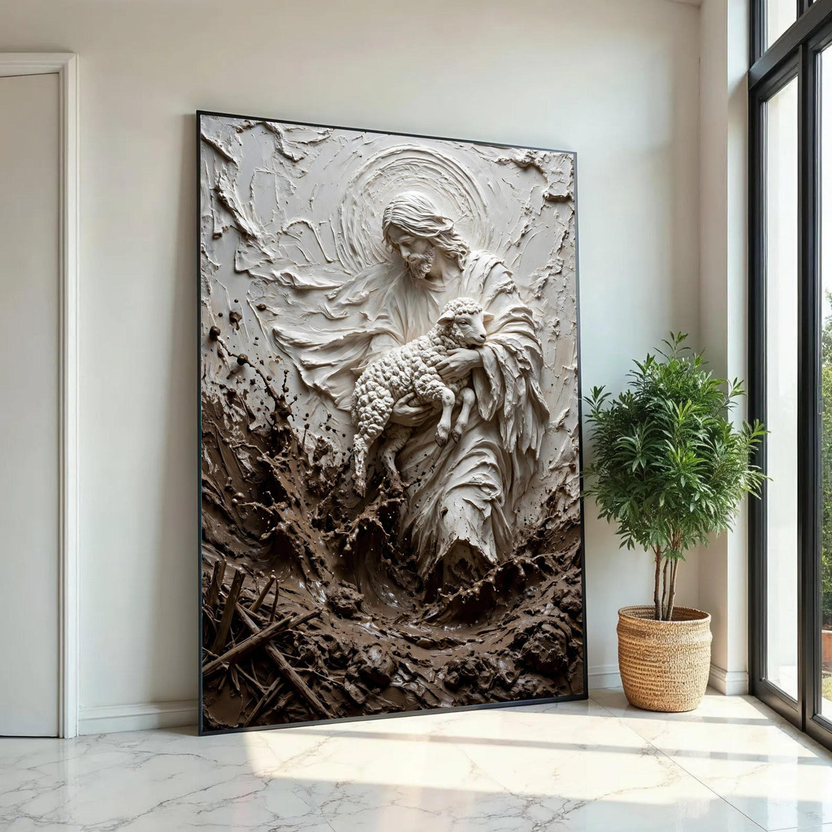 Gentle Shepherd Holding Lamb Canvas Wall Art, Spiritual Religious Decoration, Christian Home Art, Sacred Nature Ready To Hang Decoration