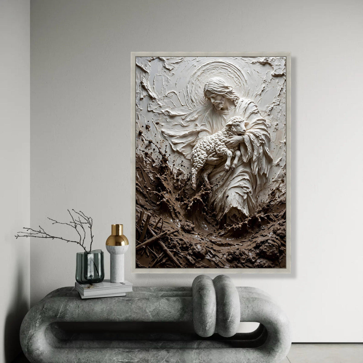 Gentle Shepherd Holding Lamb Canvas Wall Art, Spiritual Religious Decoration, Christian Home Art, Sacred Nature Ready To Hang Decoration
