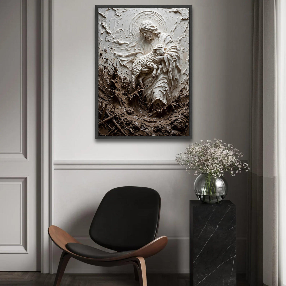 Gentle Shepherd Holding Lamb Canvas Wall Art, Spiritual Religious Decoration, Christian Home Art, Sacred Nature Ready To Hang Decoration