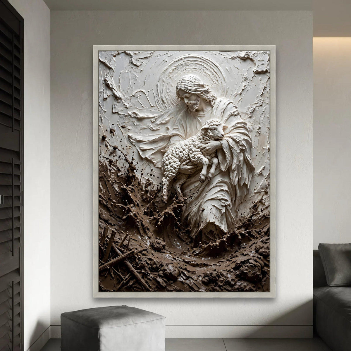 Gentle Shepherd Holding Lamb Canvas Wall Art, Spiritual Religious Decoration, Christian Home Art, Sacred Nature Ready To Hang Decoration