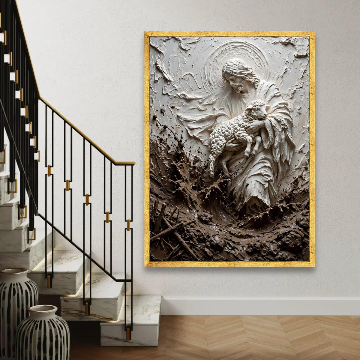 Gentle Shepherd Holding Lamb Canvas Wall Art, Spiritual Religious Decoration, Christian Home Art, Sacred Nature Ready To Hang Decoration