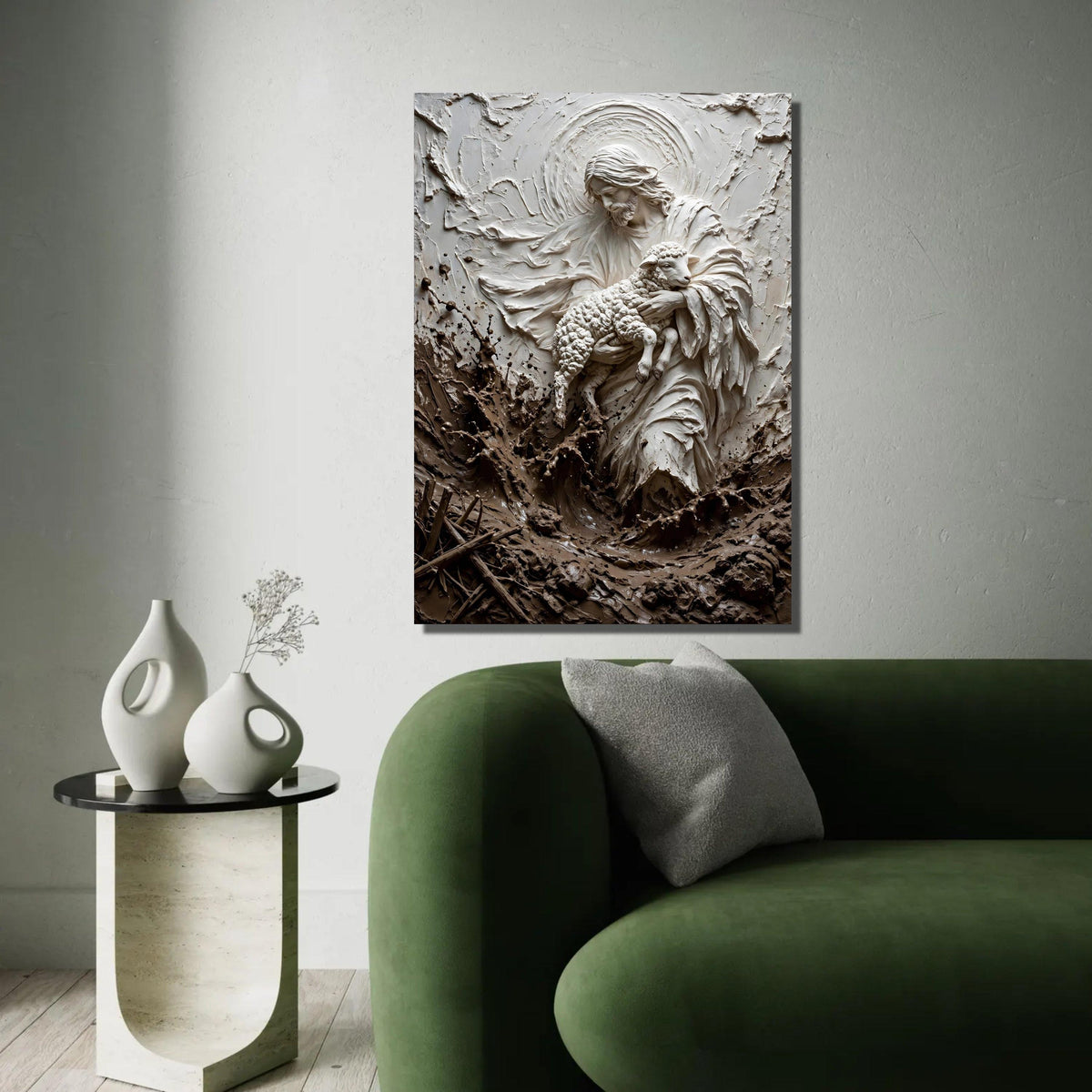 Gentle Shepherd Holding Lamb Canvas Wall Art, Spiritual Religious Decoration, Christian Home Art, Sacred Nature Ready To Hang Decoration