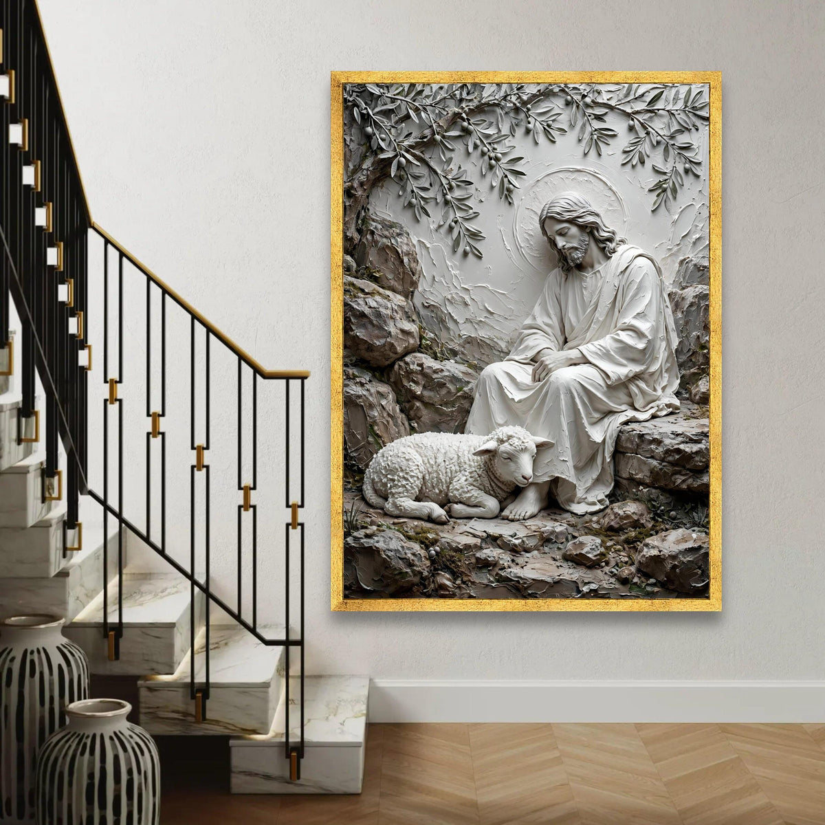 Serene Shepherd with Lamb Canvas Wall Art, Religious Spiritual Decor, Jesus Peaceful Scene, Christian Faith Canvas, Ready To Hang Decoration