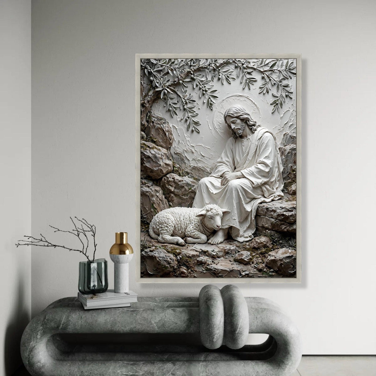 Serene Shepherd with Lamb Canvas Wall Art, Religious Spiritual Decor, Jesus Peaceful Scene, Christian Faith Canvas, Ready To Hang Decoration