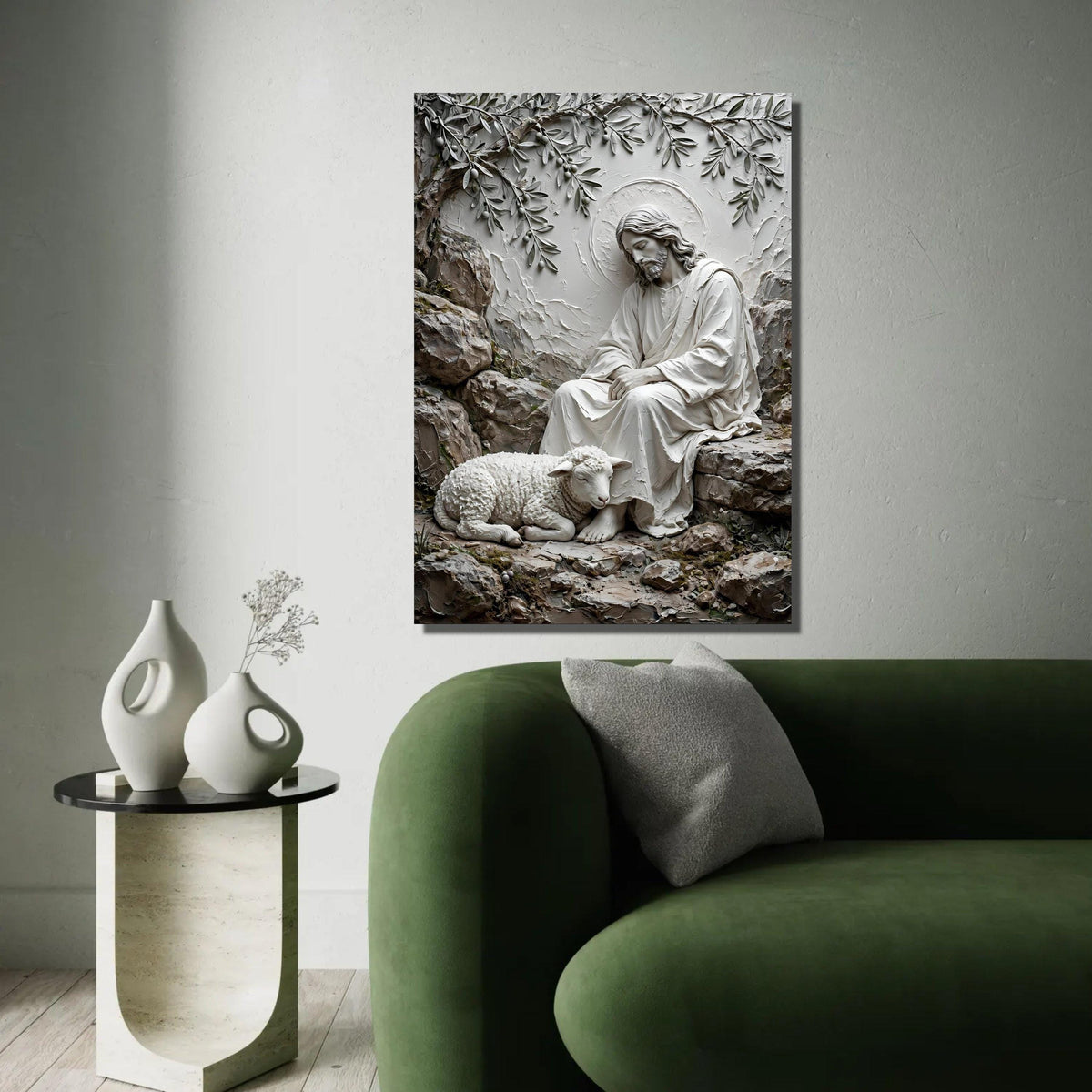 Serene Shepherd with Lamb Canvas Wall Art, Religious Spiritual Decor, Jesus Peaceful Scene, Christian Faith Canvas, Ready To Hang Decoration