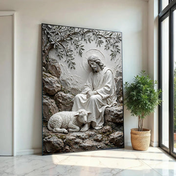 Serene Shepherd with Lamb Canvas Wall Art, Religious Spiritual Decor, Jesus Peaceful Scene, Christian Faith Canvas, Ready To Hang Decoration