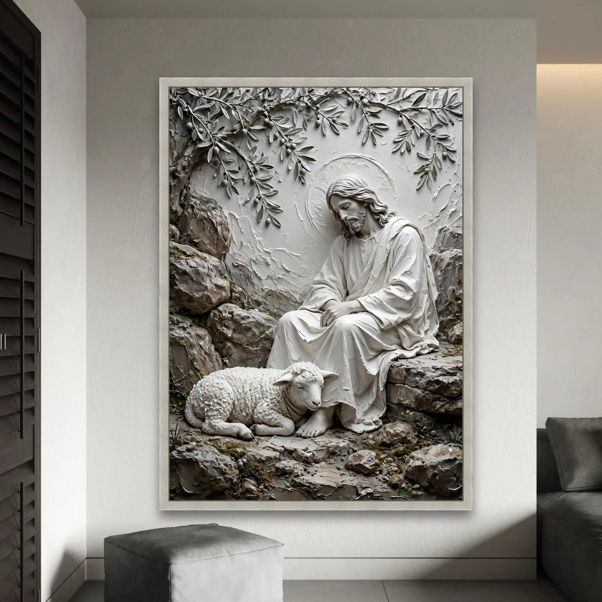 Serene Shepherd with Lamb Canvas Wall Art, Religious Spiritual Decor, Jesus Peaceful Scene, Christian Faith Canvas, Ready To Hang Decoration