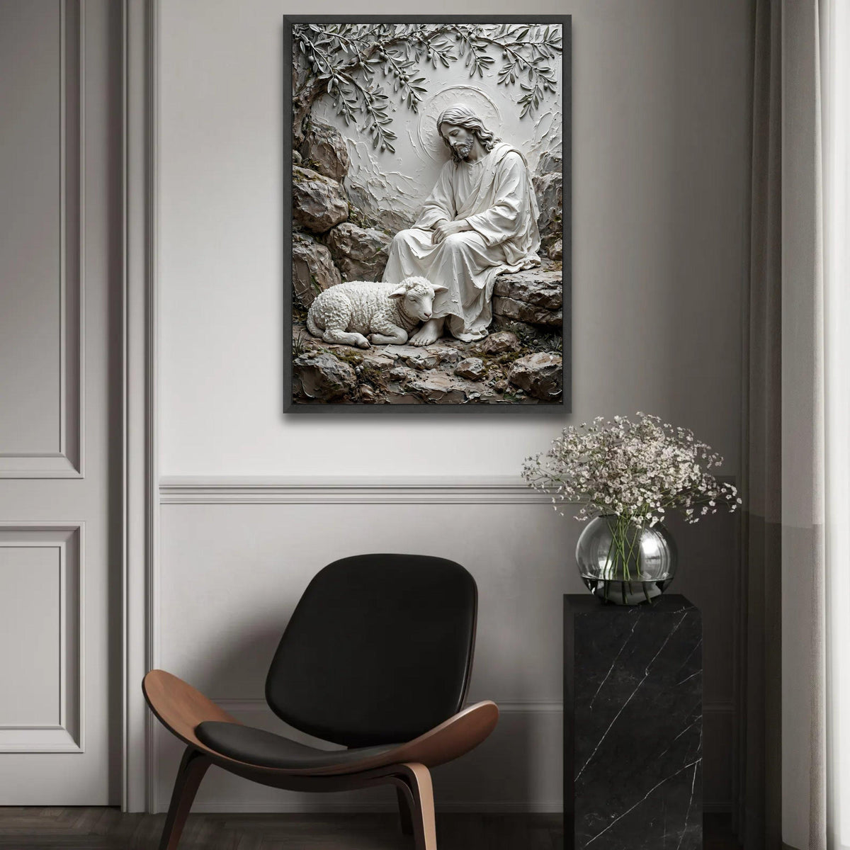 Serene Shepherd with Lamb Canvas Wall Art, Religious Spiritual Decor, Jesus Peaceful Scene, Christian Faith Canvas, Ready To Hang Decoration