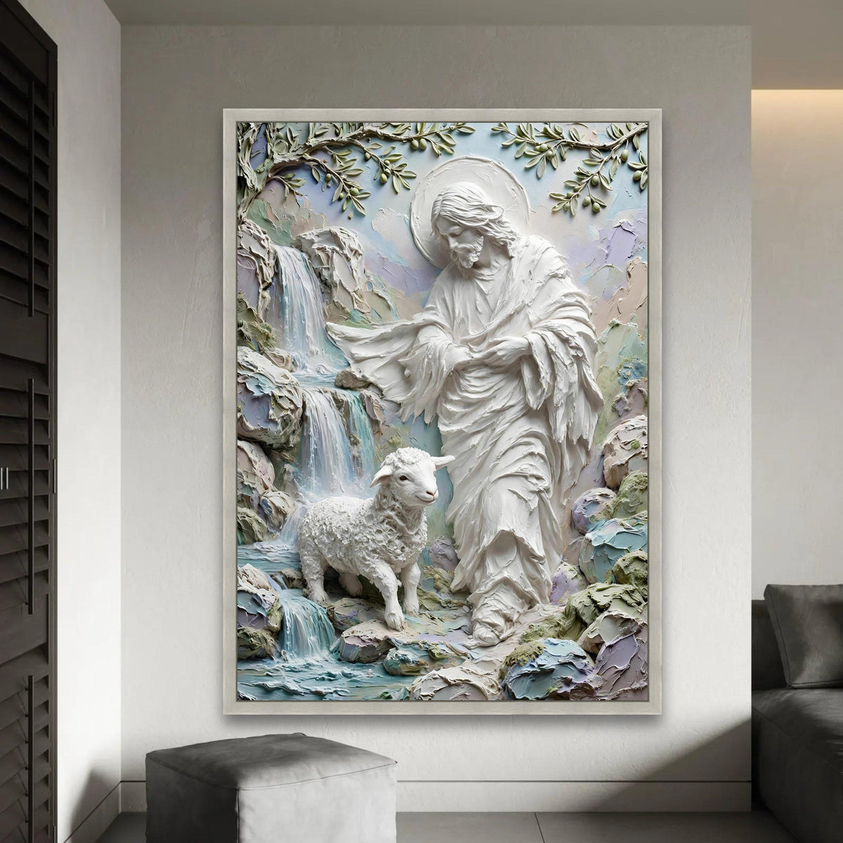 Jesus Shepherd with Lamb Canvas Wall Art, Spiritual Religious Home Decor, Waterfall Nature Scene, Inspirational Ready To Hang Decoration