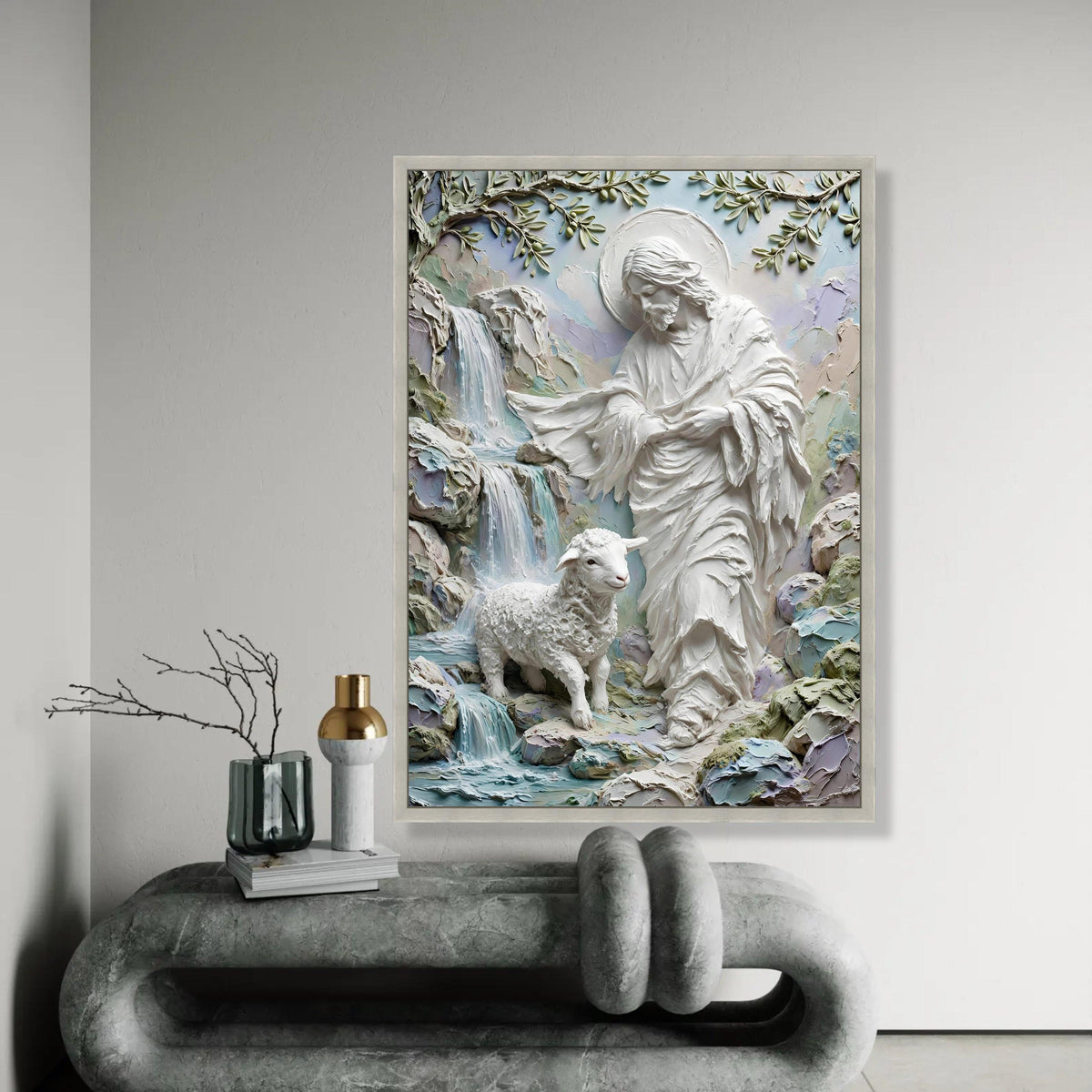 Jesus Shepherd with Lamb Canvas Wall Art, Spiritual Religious Home Decor, Waterfall Nature Scene, Inspirational Ready To Hang Decoration