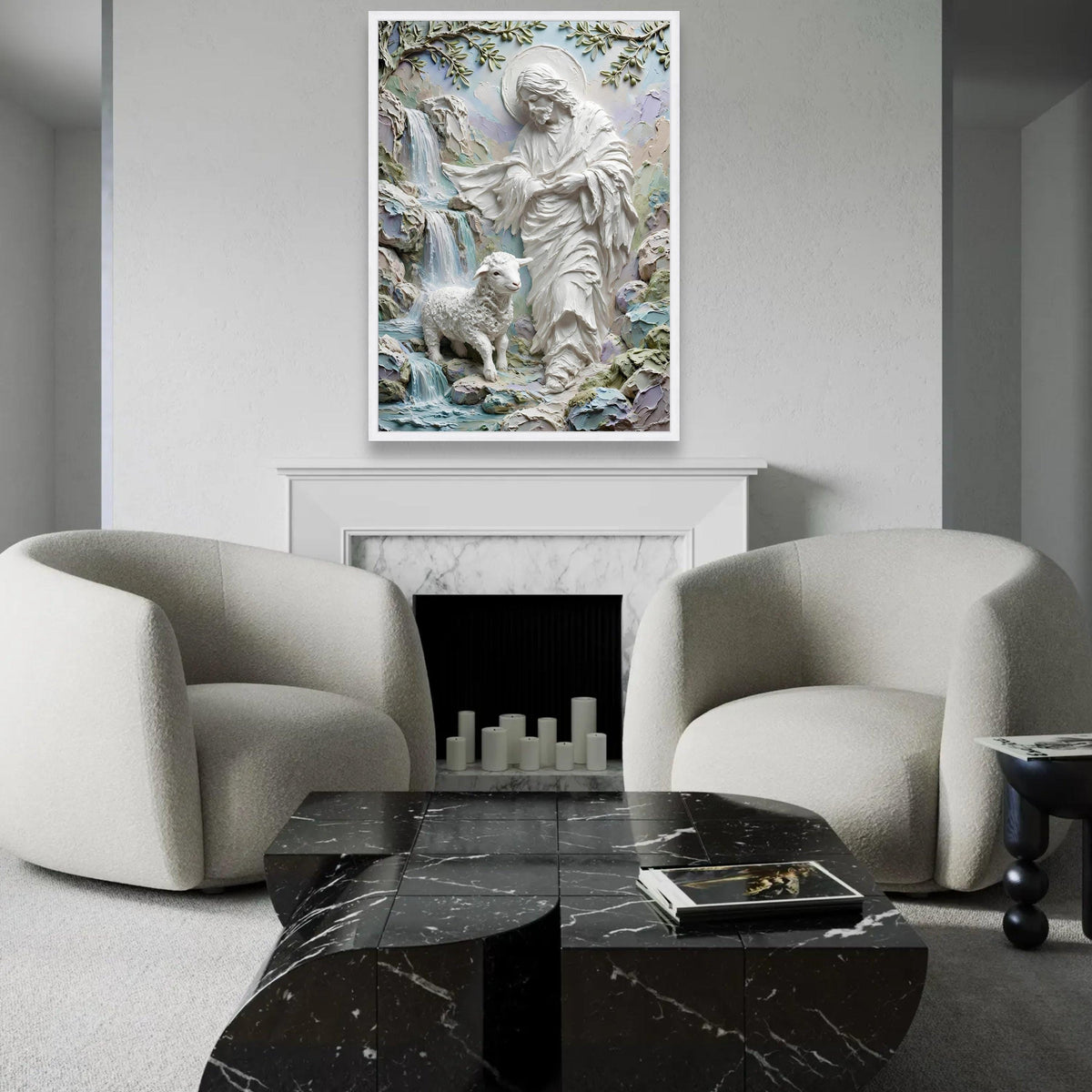 Jesus Shepherd with Lamb Canvas Wall Art, Spiritual Religious Home Decor, Waterfall Nature Scene, Inspirational Ready To Hang Decoration