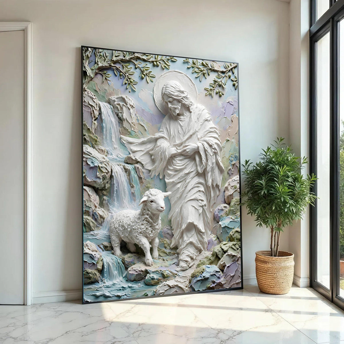 Jesus Shepherd with Lamb Canvas Wall Art, Spiritual Religious Home Decor, Waterfall Nature Scene, Inspirational Ready To Hang Decoration