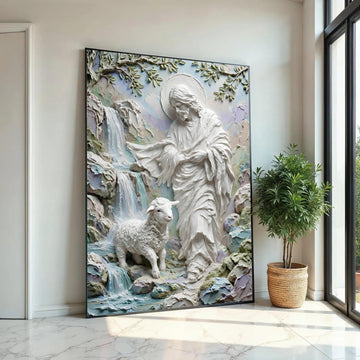Jesus Shepherd with Lamb Canvas Wall Art, Spiritual Religious Home Decor, Waterfall Nature Scene, Inspirational Ready To Hang Decoration